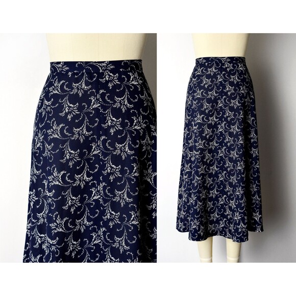 1990s Navy Midi Skirt Size Small 90s Button Front Skirt Vine Bouquet Print - Picture 4 of 9